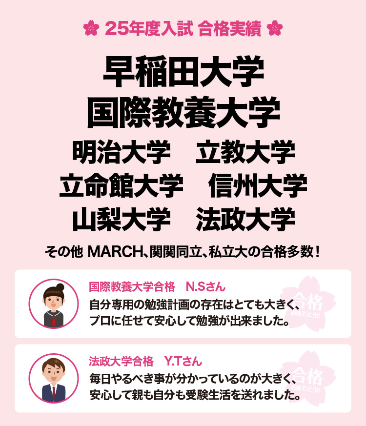 25年度入試 合格実績：早稲田大学／国際教養大学／明治大学／立教大学／立命館大学／信州大学／山梨大学／法政大学　合格の声：国際教養大学合格　N.Sさん「自分専用の勉強計画の存在はとても大きく、プロに任せて安心して勉強が出来ました。」／法政大学合格　Y.Tさん「毎日やるべき事が分かっているのが大きく、安心して親も自分も受験生活を送れました。」